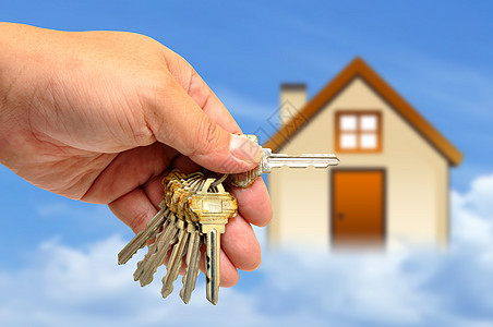 带房子的密钥财产手指棕榈安全金融金属礼物解决方案钥匙白色背景图片