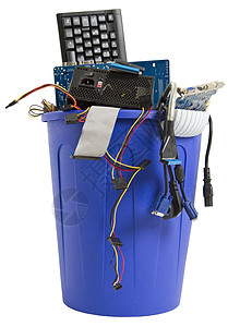蓝色垃圾桶中电子废料绳索部分电脑内存键盘磁盘回收电源盒设备硬盘图片
