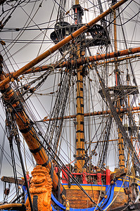 旧帆船港口海军历史公司航行船只木头索具航海绳索图片