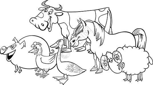 一组用于彩色的卡通农场动物收藏农村草地公鸡羊肉小马奶牛国家绘画小猪图片