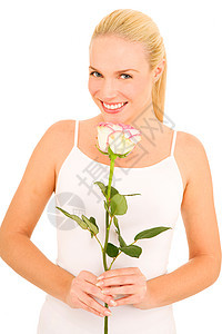 带着玫瑰的女人女子微笑年轻人成人头发马尾辫金发金发女郎女士图片