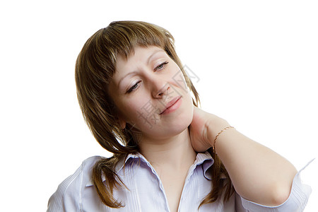 病人颈部衬衫女性紧张白色女孩肩膀疼痛脖子背痛背景图片