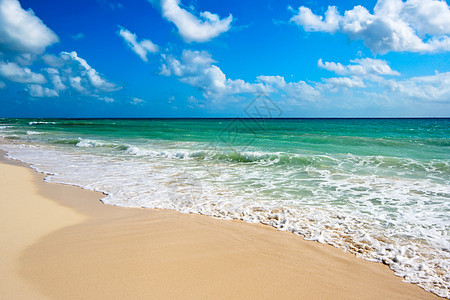 美丽的海滩和海孤独海岸晴天波浪天空娱乐蓝色海浪风景地平线图片