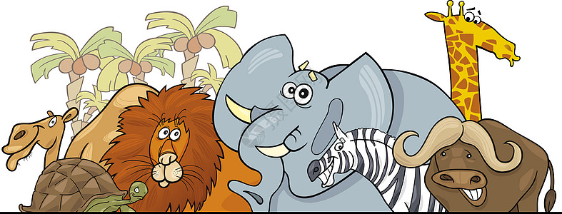 卡通长颈鹿相机非洲野外非洲野生动物设计卡通吉祥物框架友谊哺乳动物水牛卡通片团体椰子捕食者丛林背景