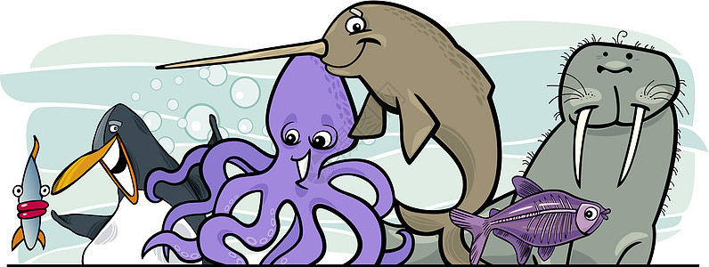卡通海洋生物动物设计友谊生活海洋边界邀请函吉祥物哺乳动物海上生活团体问候语图片