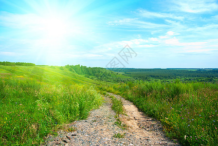 夏季风景场地地平线太阳蓝色日落季节植物小路农村晴天图片