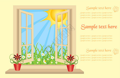 开放的塑料窗口在室内 以打开绿色字段 矢量 有文字空间装饰植物太阳建筑蓝色房子场地甘菊窗户风格图片