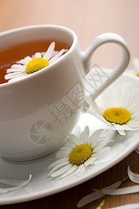 白杯草药茶和甘菊花陶瓷飞碟花束叶子杯子补品花瓣植物饮料草本植物图片