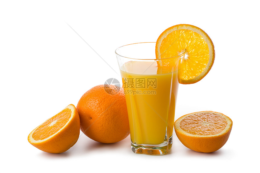 孤立的橘子和橙汁杯图片