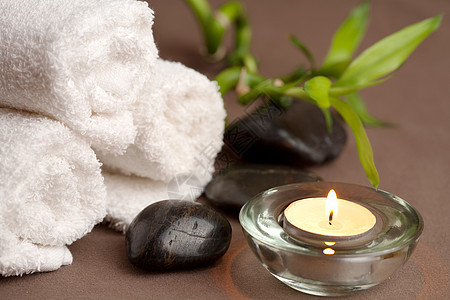 石头和毛巾冥想叶子岩石白色平衡蜡烛奢华竹子黑色治疗图片