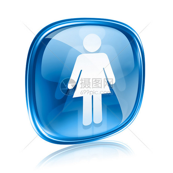 女性图标蓝色玻璃 以白色背景隔离图片