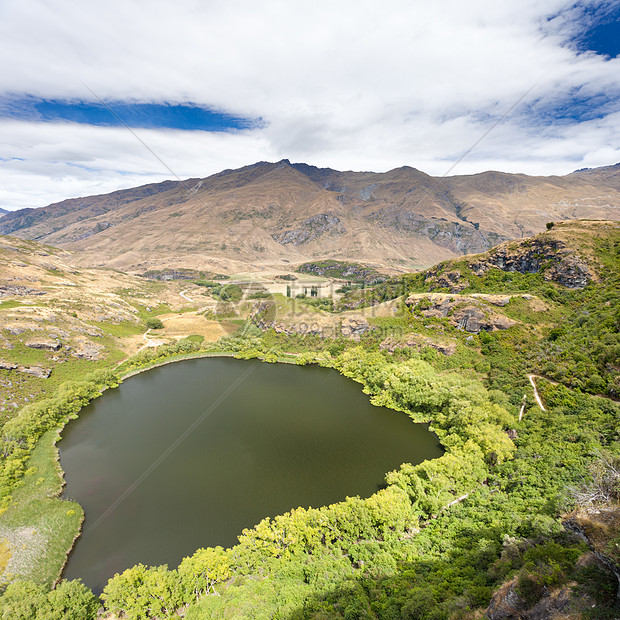 新西兰中部奥塔哥干旱高地的绿洲池塘山脉假期植被湿地旅行荒野叶子树木植物图片