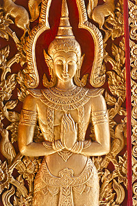 泰国式门文化古董宗教建筑学宏观风格装饰红色雕刻木头图片