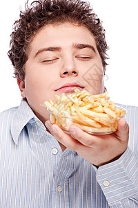 带薯条的胖胖男人成人垃圾育肥盘子脂肪食物土豆白色展示重量背景