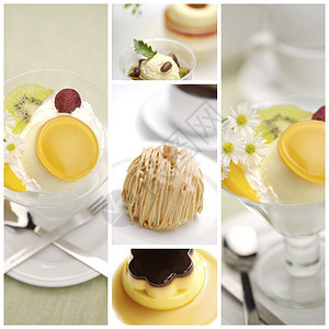 一组不同的甜点照片合在一起整理成一个拼贴奶油照片集水果冰淇淋覆盆子蛋糕巧克力马赛克作品拼贴画图片
