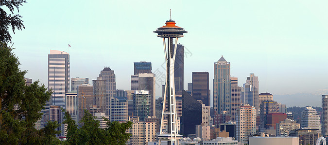 西雅图天线全景旗帜中心建筑树木市中心大都会照片起重机旅游摩天大楼图片