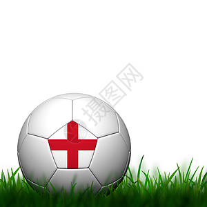 3D足球英格兰旗杆在白色后院的绿草丛中竖立图片