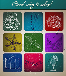 带有海上旅行图标的古老海报插图涂鸦手提箱世界季节吊床海洋墙纸旅游打印图片