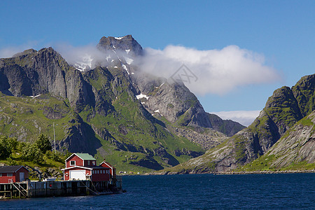 图片 挪威全景红色旅游房子风景峡湾大豆山脉村庄小屋钓鱼图片
