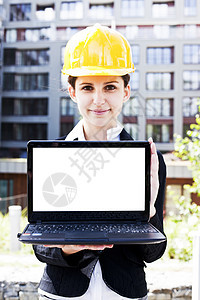 女建筑工工程师专家承包商商业职业帽子工人笔记本电脑蓝色工作图片