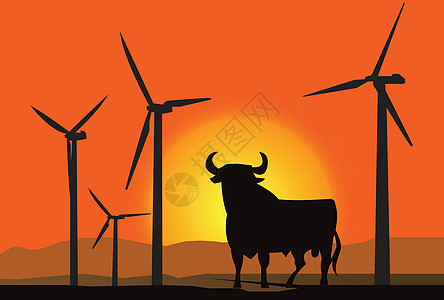 西班牙日落时风力涡轮机农场图片