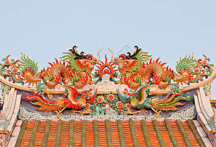 中国龙在屋顶上金子旅行文化说明故事绘画木材天空彩虹神话图片