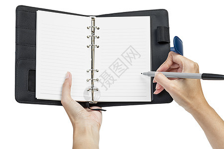 打开空白页注释书和手记事本笔记笔记本黑色皮革软垫活页会议宏观内衬图片