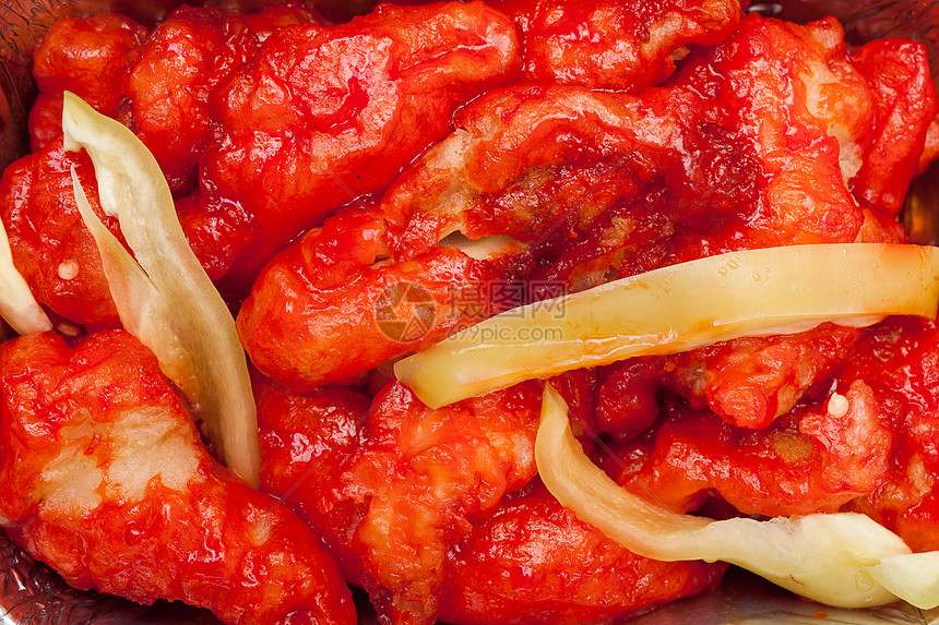 鸡肉加甜和酸汤美食食物红色午餐胡椒盘子油炸家禽烹饪图片
