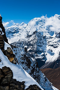 喜马拉雅山和从Renjo山口观看的岩石图片