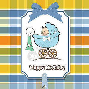 带有婴儿和Pram的婴儿男孩公告卡长廊乐趣派对极简卡通片惊喜婴儿车童年淋浴卡片背景图片