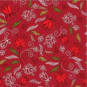 无缝花纹织物花园打印白色红色叶子插图风格装饰墙纸图片
