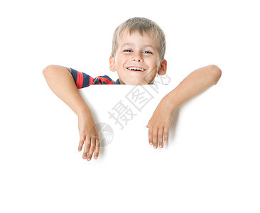 男孩拿着横幅快乐广告广告牌帆布白色边缘标语衣服教育孩子图片