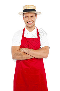英俊的厨师打扮风格面包快乐男性烹饪男人商业手势帽子服务厨房图片