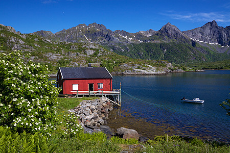 渔船棚钓鱼峡湾小屋风景山脉渔村图片