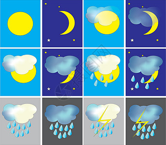 气象图标部分星星天空晴天月亮太阳倾盆大雨雷雨暴雨图片