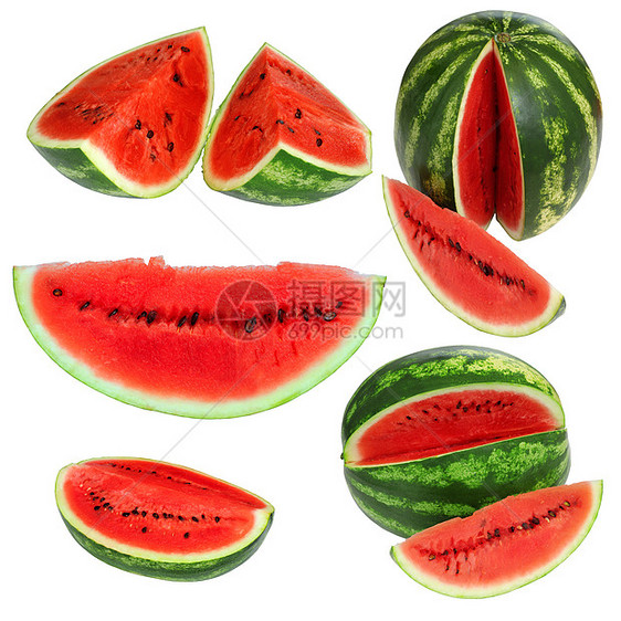 设置白色背景的新鲜西瓜和切片孤立于白底美食种子热带厨房水果圆圈小吃食物浆果饮食图片
