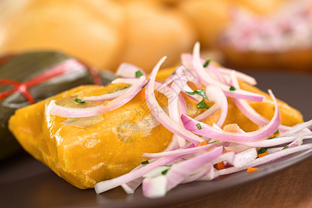 秘鲁Tamale食物水平早餐盘子小吃沙拉洋葱玉米图片