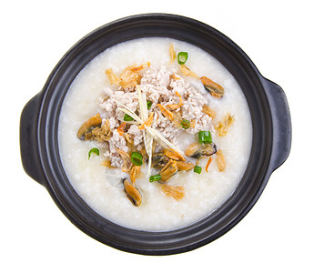 传统中国猪肉粥炒饭 在粘土锅中使用午餐早餐食物稀饭文化烹饪谷物美食草药白色图片