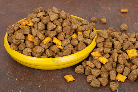 以木本为背景的狗食品碗木头饼干犬类地面饮食颗粒小吃营养宠物制品图片