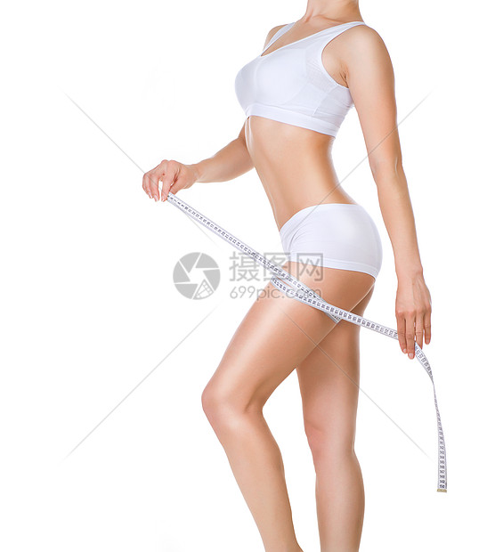 妇女衡量其完美身体时的健康生活方式概念第3条橘皮运动腰部腹部腰围组织磁带维生素内衣数字图片