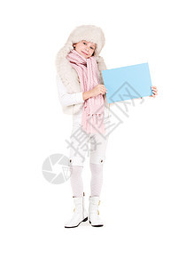 身戴冬帽 带空白板的女孩海报蓝色广告女性孩子卡片空白微笑快乐棉被图片