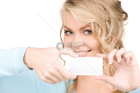 拥有名片的快乐女孩商业金发女郎空白商务蓝色微笑广告女性人士卡片图片