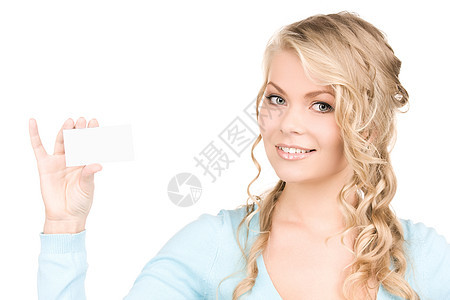 拥有名片的快乐女孩卡片金发女郎广告人士空白微笑女性商务蓝色白色图片