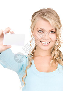 拥有名片的快乐女孩空白白色卡片金发女郎女性人士商务广告商业蓝色图片