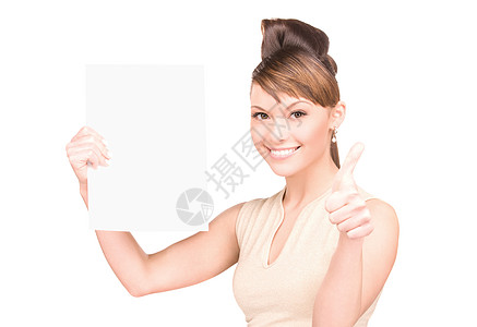 满满白板的幸福妇女广告女孩床单黑发微笑木板白色卡片快乐空白图片