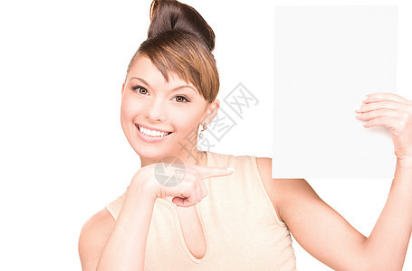满满白板的幸福妇女黑发广告海报展示木板推介会女性微笑空白女孩图片
