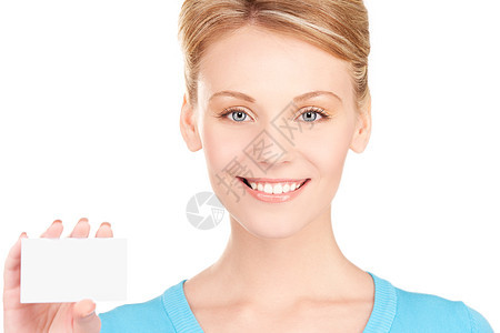 拥有名片的快乐女孩商务蓝色商业卡片空白女性人士广告金发女郎微笑图片