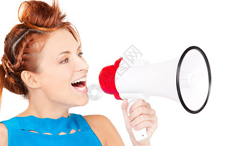 妇女用扩音器广播女性成人广告公告喇叭蓝色白色嗓音演讲图片