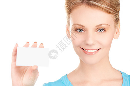 拥有名片的快乐女孩女性金发女郎卡片空白人士白色微笑商业商务广告图片