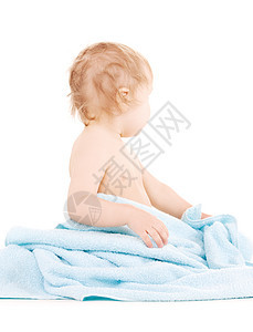 带蓝毛巾的婴儿育儿皮肤白色青少年卫生男生孩子蓝色童年儿童图片